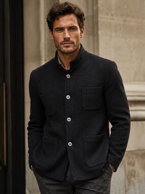 RARE Ross Graison Men 44R Black Wool Blend Knit Field Jacket Logo Metal Buttons